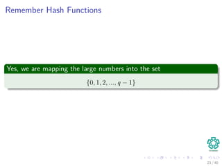 Remember Hash Functions
Yes, we are mapping the large numbers into the set
{0, 1, 2, ..., q − 1}
23 / 40
 