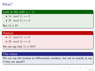What?
Look at this with q = 11
14 mod 11 == 3
25 mod 11 == 3
But 14 = 25
However
11 mod 11 == 0
25 mod 11 == 3
We can say that 11 = 25!!!
This means
We can use the modulo to diﬀerentiate numbers, but not to exactly to say
if they are equal!!!
29 / 40
 