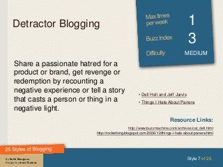By Rohit Bhargava
Design: by Jesse Thomas
Detractor Blogging 1
3
MEDIUM
Share a passionate hatred for a
product or brand, get revenge or
redemption by recounting a
negative experience or tell a story
that casts a person or thing in a
negative light.
Style 7 of 25
Resource Links:
http://www.buzzmachine.com/archives/cat_dell.html
http://rocketking.blogspot.com/2006/12/things-i-hate-about-panera.html
• Dell Hell and Jeff Jarvis
• Things I Hate About Panera
 