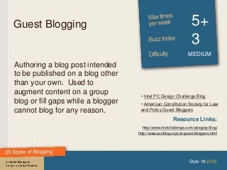 By Rohit Bhargava
Design: by Jesse Thomas
Guest Blogging 5+
3
MEDIUM
Authoring a blog post intended
to be published on a blog other
than your own. Used to
augment content on a group
blog or fill gaps while a blogger
cannot blog for any reason.
Style 18 of 25
Resource Links:
http://www.intelchallenge.com/category/blog/
http://www.acsblog.org/cat-guest-bloggers.html
• Intel PC Design Challenge Blog
• American Constitution Society for Law
and Policy Guest Bloggers
 