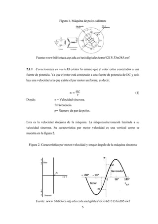 5
Figura 1. Máquina de polos salientes
Fuente:www.biblioteca.utp.edu.co/tesisdigitales/texto/6213133m385.swf
2.1.1 Característica en vacío.El estator lo mismo que el rotor están conectados a una
fuente de potencia. Ya que el rotor está conectado a una fuente de potencia de DC y solo
hay una velocidad a la que existe el par motor uniforme, es decir:
݊ ൌ
଺଴௙
௣
(1)
Donde: n = Velocidad síncrona.
f=Frecuencia.
p= Número de par de polos.
Esta es la velocidad síncrona de la máquina. La máquinasíncronaestá limitada a su
velocidad síncrona. Su característica par motor velocidad es una vertical como se
muestra en la figura 2.
Figura 2. Característica par motor-velocidad y torque-ángulo de la máquina síncrona
Fuente: www.biblioteca.utp.edu.co/tesisdigitales/texto/6213133m385.swf
 