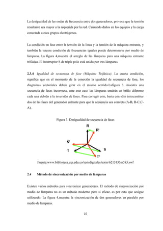 10
La desigualdad de las ondas de frecuencia entre dos generadores, provoca que la tensión
resultante sea mayor a la requerida por la red. Causando daños en los equipos y la carga
conectada a esos grupos electrógenos.
La condición en fase entre la tensión de la línea y la tensión de la máquina entrante, y
también la tercera condición de frecuencias iguales puede determinarse por medio de
lámparas. La figura 4,muestra el arreglo de las lámparas para una máquina entrante
trifásica. El interruptor S de triple polo está unido por tres lámparas.
2.3.4 Igualdad de secuencia de fase (Máquina Trifásica). La cuarta condición,
significa que en el momento de la conexión la igualdad de secuencia de fase, los
diagramas vectoriales deben girar en el mismo sentido.Lafigura 3, muestra una
secuencia de fases incorrecta, ante este caso las lámparas tendrán un brillo diferente
cada una debido a la inversión de fases. Para corregir esto, basta con sólo intercambiar
dos de las fases del generador entrante para que la secuencia sea correcta (A-B, B-C,C-
A).
Figura 3. Desigualdad de secuencia de fases
Fuente:www.biblioteca.utp.edu.co/tesisdigitales/texto/6213133m385.swf
2.4 Método de sincronización por medio de lámparas
Existen varios métodos para sincronizar generadores. El método de sincronización por
medio de lámparas no es un método moderno pero si eficaz, es por esto que sesigue
utilizando. La figura 4,muestra la sincronización de dos generadores en paralelo por
medio de lámparas.
 
