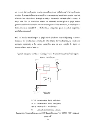18
un circuito de transferencia simple como el mostrado en la figura 9, la transferencia
requiere de un control simple, se puede programar para el autoabastecimiento para que
el control de transferencia arranque el motor, únicamente en horas pico o cuando se
tenga una falla de suministro normal.De acuerdoal horario pico el grupo motor-
generador se arranca con una anticipación en promedio de 10minutos, el interruptor de
transferencia se cierra (ITA-1) y la fuente de emergencia queda conectada en paralelo
con la fuente normal.
Una vez pasado el horario pico el grupo motor-generador esdesenergizado y el circuito
regresa a las condiciones normales.En éste sistema de transferencia, se observa un
contactor conectado a las cargas generales, este se abre cuando la fuente de
emergencia no soporta la carga.
Figura 9. Diagrama unifilar de un arreglo básico de un sistema de transferencia para
grupos electrógenos
INT-1 Interruptor de fuente preferente.
INT-2 Interruptor de fuente emergente.
ITA-1 Interruptor de transferencia.
C1 Contactornormalmente cerrado.
Fuente:http://itzamna.bnct.ipn.mx:8080/dspace/bitstream/123456789/4960/1/calcysde
unsist.pdf
 