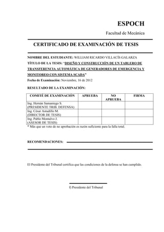 ESPOCH
Facultad de Mecánica
CERTIFICADO DE EXAMINACIÓN DE TESIS
NOMBRE DEL ESTUDIANTE: WILLIAM RICARDO VILLACÍS GALARZA
TÍTULO DE LA TESIS: “DISEÑO Y CONSTRUCCIÓN DE UN TABLERO DE
TRANSFERENCIA AUTOMÁTICA DE GENERADORES DE EMERGENCIA Y
MONITOREO CON SISTEMA SCADA”
Fecha de Examinación: Noviembre, 16 de 2012
RESULTADO DE LA EXAMINACIÓN:
COMITÉ DE EXAMINACIÓN APRUEBA NO
APRUEBA
FIRMA
Ing. Hernán Samaniego S.
(PRESIDENTE TRIB. DEFENSA)
Ing. César Astudillo M.
(DIRECTOR DE TESIS)
Ing. Pablo Montalvo J.
(ASESOR DE TESIS)
* Más que un voto de no aprobación es razón suficiente para la falla total.
RECOMENDACIONES:
El Presidente del Tribunal certifica que las condiciones de la defensa se han cumplido.
f) Presidente del Tribunal
 