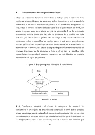 48
3.3 Funcionamiento del interruptor de transferencia
El relé de verificación de tensión analiza tanto el voltaje como la frecuencia de la
tensión de la acometida como del generador, dichos dispositivos se activan cuando la
tensión sale de un umbral pre-establecido, cuando la frecuencia varía o hay pérdida de
fase, siendo el contacto auxiliar el indicador de la falla. El contacto auxiliar puede, ser
abierto o cerrado, según sea el diseño del relé (se recomienda el uso de un contacto
normalmente abierto, puesto que los relés se alimentan de la tensión que están
midiendo, por ello en caso de pérdida total de voltaje el relé no dará indicación al
controlador lógico programable), en muchos casos, el relé posee temporizadores
internos que pueden ser utilizados para retardar tanto la indicación de falla como la de
normalización de servicio, esta opción es importante para evitar la transferencia si se
producen transitorios en la acometida o bien si el servicio se restablece sólo
temporalmente, en caso el relé no cuente con esta opción esta deberá de ser agregada
en el controlador lógico programable.
Figura 29. Flujograma para el interruptor de transferencia
Fuente: Los autores
3.3.1 Transferencia automática al sistema de emergencia. La secuencia de
transferencia es un conjunto de temporizadores conectados en serie, puesto que cada
uno de los pasos de transferencia debe de hacerse a continuación del otro sin que estos
se transpongan, es necesario recalcar que cuando la condición que activa cada uno de
los temporizadores se hace cero dicho temporizador se torna a cero también, por
Inicio
Verificar el
estado de relé
de voltaje
Iniciar transferencia Terminar
SI NO
 