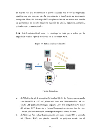 54
En nuestro caso éste multimedidor es el más adecuado para medir las magnitudes
eléctricas que nos interesan para la sincronización y transferencia de generadores
emergentes. El uso del Sentron pac3100 reemplaza a diversos instrumentos de medida
ya que tenemos en un solo módulo la medición de tensión, frecuencia, corrientes,
potencias, entre otras magnitudes.
3.5.4 Red de adquisición de datos. Lo constituye las redes que se utiliza para la
adquisición de datos y para el monitoreo con el sistema SCADA.
Figura 33. Red de adquisición de datos
Fuente: Los autores
a. Red Modbus.La red de comunicación Modbus RS-485 del Sentron pac, se acopla
a un convertidor RS 232 -485, el cual está unido a un cable convertidor RS 232
serial a USB que finalmente llega a un puerto COM de la computadora.Por medio
del software OPC Servers de la National Instruments creamos un interfaz entre
Labview y los multimedidores Sentron pac3100 para la lectura de datos.
b. Red Ethernet. Para realizar la comunicación entre panel operador-PC, se utiliza la
red Ethernet, RJ45, que permite transmitir un programa creado con el
 