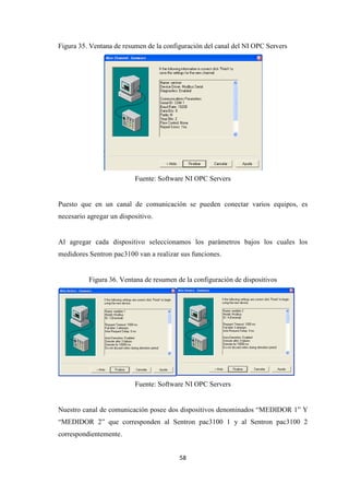 58
Figura 35. Ventana de resumen de la configuración del canal del NI OPC Servers
Fuente: Software NI OPC Servers
Puesto que en un canal de comunicación se pueden conectar varios equipos, es
necesario agregar un dispositivo.
Al agregar cada dispositivo seleccionamos los parámetros bajos los cuales los
medidores Sentron pac3100 van a realizar sus funciones.
Figura 36. Ventana de resumen de la configuración de dispositivos
Fuente: Software NI OPC Servers
Nuestro canal de comunicación posee dos dispositivos denominados “MEDIDOR 1” Y
“MEDIDOR 2” que corresponden al Sentron pac3100 1 y al Sentron pac3100 2
correspondientemente.
 