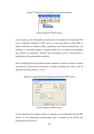 59
Figura 37. Dispositivos del canal de comunicación sentron
Fuente: Software NI OPC Servers
En este punto ya está configurada la comunicación de los dispositivos Sentron pac3100
con el computador mediante NI OPC servers; es decir que desde un cliente OPC se
podría monitorear las entradas, salidas y parámetros del sistema del Sentron pac. Sin
embargo es conveniente agregar la etiqueta estática con sus respectivas propiedades
para obtener los parámetros eléctricos que necesitamos para la sincronización y
transferencia de los generadores emergentes.
Para la configuración de cada etiqueta estática elegimos el nombre de acuerdo a nuestra
conveniencia, la dirección nos suministra el manual del Sentron pac 3100, el tipo de
dato debe ser de tipo flotante o “Float”.
Figura38. Configuración de la etiqueta estática del NI OPC Servers
Fuente: Software NI OPC Servers
Con la creación de las etiquetas estáticas se culmina con la configuración del NI OPC
Servers. El cual utilizaremos posteriormente para la creación de las librerías del
projectexplorer de Labview.
 