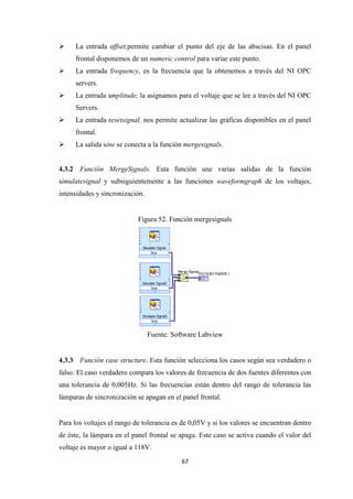67
La entrada offset,permite cambiar el punto del eje de las abscisas. En el panel
frontal disponemos de un numeric control para variar este punto.
La entrada frequency, es la frecuencia que la obtenemos a través del NI OPC
servers.
La entrada amplitude, la asignamos para el voltaje que se lee a través del NI OPC
Servers.
La entrada resetsignal, nos permite actualizar las gráficas disponibles en el panel
frontal.
La salida sine se conecta a la función mergesignals.
4.3.2 Función MergeSignals. Esta función une varias salidas de la función
simulatesignal y subsiguientemente a las funciones waveformgraph de los voltajes,
intensidades y sincronización.
Figura 52. Función mergesignals
Fuente: Software Labview
4.3.3 Función case structure. Esta función selecciona los casos según sea verdadero o
falso. El caso verdadero compara los valores de frecuencia de dos fuentes diferentes con
una tolerancia de 0,005Hz. Si las frecuencias están dentro del rango de tolerancia las
lámparas de sincronización se apagan en el panel frontal.
Para los voltajes el rango de tolerancia es de 0,05V y si los valores se encuentran dentro
de éste, la lámpara en el panel frontal se apaga. Este caso se activa cuando el valor del
voltaje es mayor o igual a 118V.
 