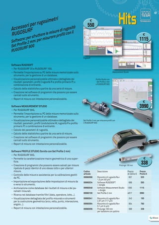 13

ri
osimet
rug
ori per
sità
Access URF
di rugo il
isure
RUGOS
are le m profili con
rutt

€

550
€

er sf
urare
ware: p mm: per mis
Soft le 2
fi
Set Pro RF 90G
U
RUGOS

1115

Rugosoft

Software RUGOSOFT
– Per RuGOSuRF 20 e RuGOSuRF 10G.
– Permette l’importazione su PC delle misure memorizzate sullo
strumento, per la gestione di un database.
– Visualizzazione personalizzabile ottimale e dettagliata dei
risultati: parametri, profili (rugosità R e profilo primario P) o
combinazione di entrambi.
– Calcolo delle statistiche a partire da una serie di misure.
– Creazione nel software di programmi che possono poi essere
caricati sullo strumento.
– Report di misura con intestazione personalizzabile.
Software MEASUREMENT STUDIO
– Per RuGOSuRF 90G.
– Permette l’importazione su PC delle misure memorizzate sullo
strumento, per la gestione di un database.
– Visualizzazione personalizzabile ottimale e dettagliata dei
risultati: parametri, profili (ondulazione W, rugosità R e profilo
primario P) o combinazione di entrambi.
– Calcolo dei parametri di rugosità.
– Calcolo delle statistiche a partire da una serie di misure.
– Creazione nel software di programmi che possono poi essere
caricati sullo strumento.
– Report di misura con intestazione personalizzabile.
Software PROFILE STUDIO (fornito con Set Profile 2 mm)
– Per RuGOSuRF 90G.
– Permette la caratterizzazione macro geometrica di una superficie.
– Creazione di programmi che possono essere salvati per misure
ripetute di pezzi identici di uno stesso lotto o per ulteriori
misure.
– Controllo delle misure e assistenza per la calibrazione gestiti
da PC.
– Importazione ed esportazione delle impostazioni di misura da
e verso lo strumento.
– Archiviazione come database dei risultati di misura e dei parametri misurati.
– Ricerca nel database tramite filtri (data, operatore, lotto...).
– Visualizzazione dettagliata del profilo misurato e strumenti
per la costruzione geometrica (arco, retta, punto, intersezione,
angolo...).
– Report di misura con intestazione personalizzabile.

Measurement Studio
Profile Studio con
Set Profile 2 mm
e RUGOSURF 90G

€

3990
Set Profile 2 mm: per misurare profili con
il RUGOSURF 90G

€

Prolunga 100 mm

Codice
articolo
06960066
06960034
06960048
06960100
06960041
06960064
06960056

Descrizione
Riscontro di rugosità Ra=
1,0 μm (40 μin)
Software RuGOSOFT
+ dongle
Software Measurement Studio
+ dongle
Set Profile 2 mm
Riscontro di rugosità Ra=
2,97 μm (117 μin)
Riscontro di rugosità Ra=
0,1 μm (4 μin)
Prolunga 100 mm
per tastatore con pattino

338

Prezzo
di listino €
 657

Prezzo
Promo €
 525

 688

 550

1393

1115

4817

3990

 243

 195

 954

 760

 398

 338

 