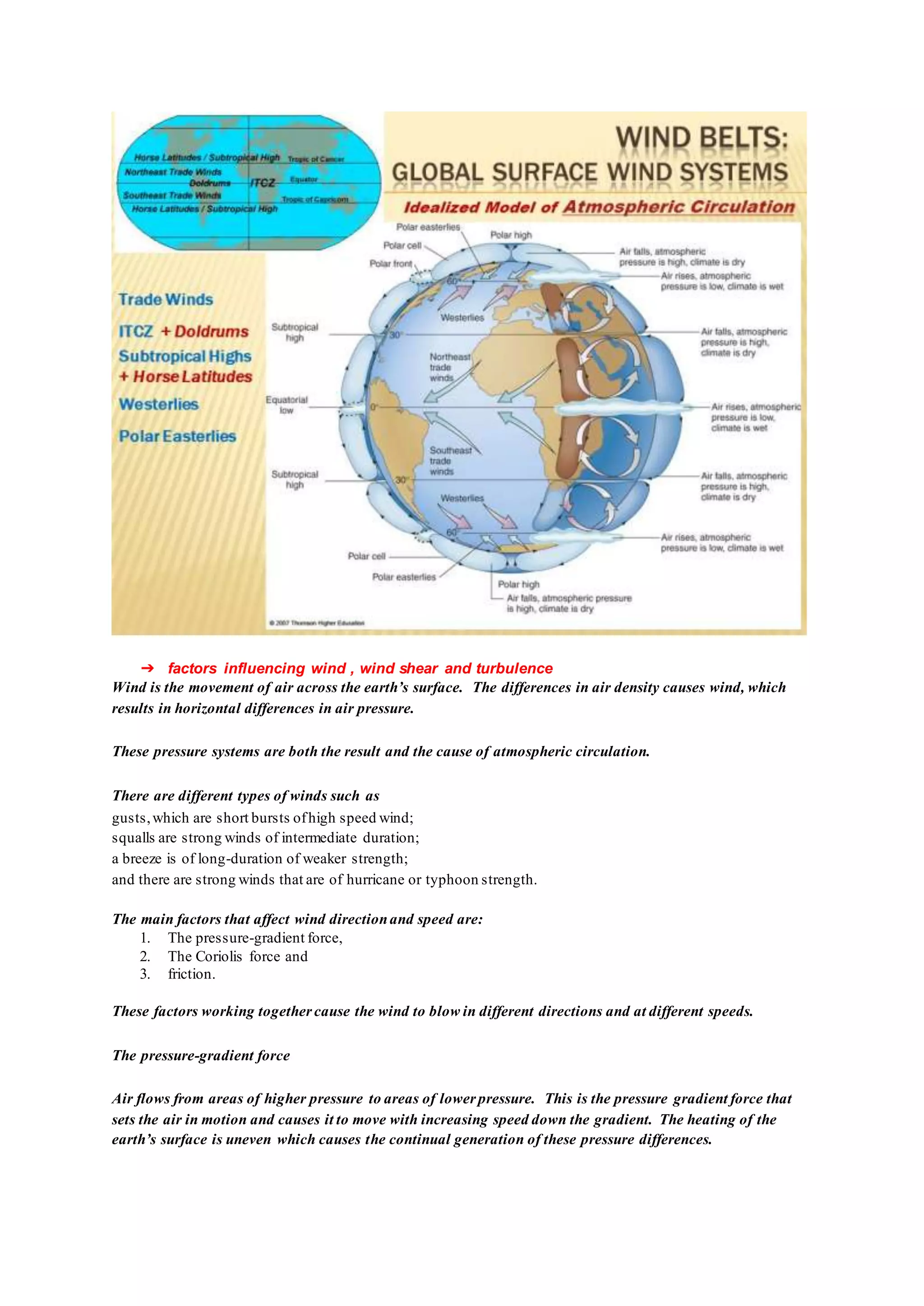➔ factors influencing wind , wind shear and turbulence
Wind is the movement of air across the earth’s surface. The differences in air density causes wind, which
results in horizontal differences in air pressure.
These pressure systems are both the result and the cause of atmospheric circulation.
There are different types of winds such as
gusts,which are short bursts ofhigh speed wind;
squalls are strong winds of intermediate duration;
a breeze is of long-duration of weaker strength;
and there are strong winds that are of hurricane or typhoon strength.
The main factors that affect wind directionand speed are:
1. The pressure-gradient force,
2. The Coriolis force and
3. friction.
These factors working togethercause the wind to blow in different directions and at different speeds.
The pressure-gradient force
Air flows from areas of higher pressure to areas of lower pressure. This is the pressure gradient force that
sets the air in motion and causes it to move with increasing speed down the gradient. The heating of the
earth’s surface is uneven which causes the continual generation of these pressure differences.
 