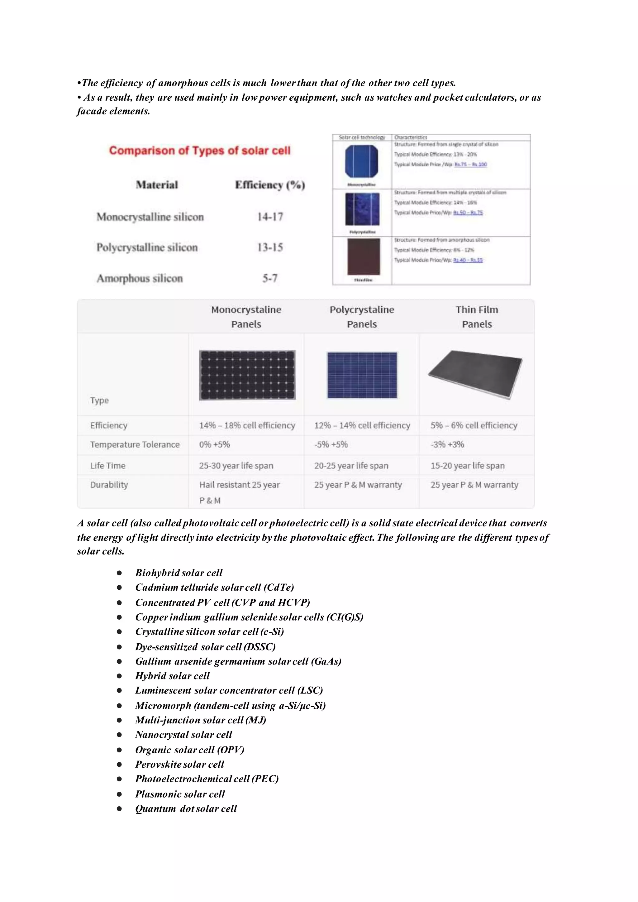 •The efficiency of amorphous cells is much lower than that of the other two cell types.
• As a result, they are used mainly in low power equipment, such as watches and pocket calculators, or as
facade elements.
A solar cell (also called photovoltaic cell orphotoelectric cell) is a solid state electrical device that converts
the energy of light directly into electricity by the photovoltaic effect.The following are the different types of
solar cells.
● Biohybrid solar cell
● Cadmium telluride solarcell (CdTe)
● Concentrated PV cell (CVP and HCVP)
● Copperindium gallium selenide solar cells (CI(G)S)
● Crystalline silicon solar cell (c-Si)
● Dye-sensitized solar cell (DSSC)
● Gallium arsenide germanium solar cell (GaAs)
● Hybrid solar cell
● Luminescent solar concentrator cell (LSC)
● Micromorph (tandem-cell using a-Si/μc-Si)
● Multi-junction solar cell (MJ)
● Nanocrystal solar cell
● Organic solarcell (OPV)
● Perovskite solar cell
● Photoelectrochemical cell (PEC)
● Plasmonic solar cell
● Quantum dot solar cell
 