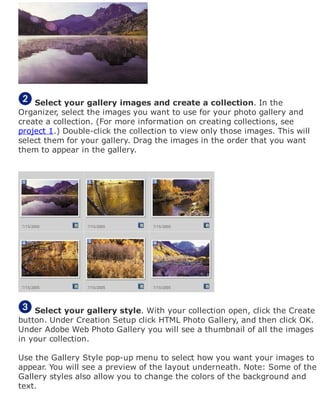 Select your gallery images and create a collection. In the
Organizer, select the images you want to use for your photo gallery and
create a collection. (For more information on creating collections, see
project 1.) Double-click the collection to view only those images. This will
select them for your gallery. Drag the images in the order that you want
them to appear in the gallery.
Select your gallery style. With your collection open, click the Create
button. Under Creation Setup click HTML Photo Gallery, and then click OK.
Under Adobe Web Photo Gallery you will see a thumbnail of all the images
in your collection.
Use the Gallery Style pop-up menu to select how you want your images to
appear. You will see a preview of the layout underneath. Note: Some of the
Gallery styles also allow you to change the colors of the background and
text.
 