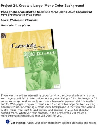 Project 21. Create a Large, Mono-Color Background
Use a photo or illustration to make a large, mono-color background
from brochures to Web pages.
Tools: Photoshop Elements
Materials: Your photo
If you want to add an interesting background to the cover of a brochure or a
Web page, you'll find this technique works great. Using a full-color image to fill
an entire background normally requires a four-color process, which is costly,
and for Web pages it typically results in a file that's too large for Web viewing.
Another reason for creating a mono-color background is that you may want a
subtle image; you want to add texture and content for your headline but
nothing more. Whatever your reasons, in this project you will create a
monochromatic background that will work for you.
Get started. Open your color photo in Photoshop Elements and resize
 