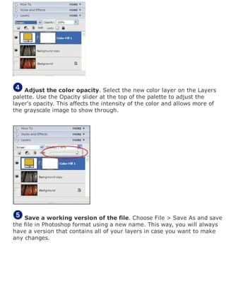 Adjust the color opacity. Select the new color layer on the Layers
palette. Use the Opacity slider at the top of the palette to adjust the
layer's opacity. This affects the intensity of the color and allows more of
the grayscale image to show through.
Save a working version of the file. Choose File > Save As and save
the file in Photoshop format using a new name. This way, you will always
have a version that contains all of your layers in case you want to make
any changes.
 
