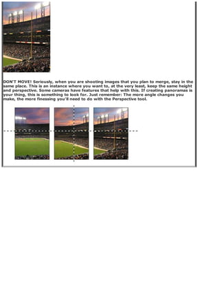 DON'T MOVE! Seriously, when you are shooting images that you plan to merge, stay in the
same place. This is an instance where you want to, at the very least, keep the same height
and perspective. Some cameras have features that help with this. If creating panoramas is
your thing, this is something to look for. Just remember: The more angle changes you
make, the more finessing you'll need to do with the Perspective tool.
 