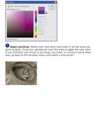 Begin painting. Select your new layer and zoom in on the area you
want to paint. Drag your paintbrush over the area to apply the new color.
If you find that your brush is too large, too small, or wrong in some other
way, go back to the Brushes menu and select a new brush.
 