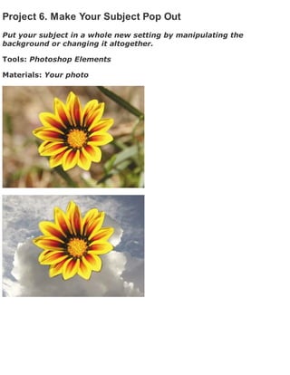 Project 6. Make Your Subject Pop Out
Put your subject in a whole new setting by manipulating the
background or changing it altogether.
Tools: Photoshop Elements
Materials: Your photo
 