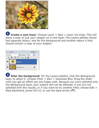 Create a new layer. Choose Layer > New > Layer Via Copy. This will
place a copy of just your subject on a new layer. The Layers palette shows
two separate layers: one for the background and another above it that
should contain a copy of your subject.
Alter the background. On the Layers palette, click the Background
layer to select it. Choose Filter > Blur > Gaussian Blur. Drag the slider
until you get an effect you are happy with. Because you have selected only
the Background layer, your subject will not be affected. If you are not
satisfied with the results, or if you want to try another filter, choose Edit >
Step Backward, press Ctrl+Z, or use the back arrow ( ).
 