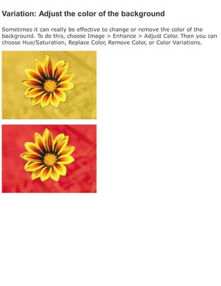 Variation: Adjust the color of the background
Sometimes it can really be effective to change or remove the color of the
background. To do this, choose Image > Enhance > Adjust Color. Then you can
choose Hue/Saturation, Replace Color, Remove Color, or Color Variations.
 