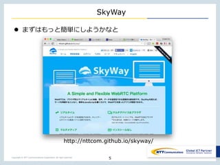 Copyright © NTT Communications Corporation. All right reserved.
SkyWay
 まずはもっと簡単にしようかなと
5
http://nttcom.github.io/skyway/
 