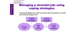 Managing a stressful job: using
coping strategies
• Coping strategies can help to prevent stress symptoms in short
term an...