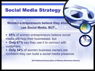 Social Media Strategy
Women entrepreneurs believe they should
use Social Media, BUT...
 85% of women entrepreneurs believe social
media will help their businesses, but
 Only 67% say they use it to connect with
customers.
 Only 54% of women business owners are
confident they can build a social media presence
2014 National Association of Women Business Owners
 
