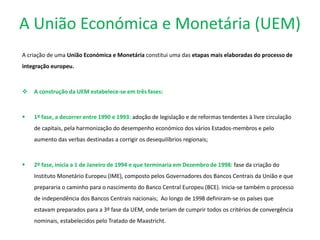 A União Económica e Monetária (UEM)
A criação de uma União Económica e Monetária constitui uma das etapas mais elaboradas do processo de
integração europeu.
 A construção da UEM estabelece-se em três fases:
 1º fase, a decorrer entre 1990 e 1993: adoção de legislação e de reformas tendentes à livre circulação
de capitais, pela harmonização do desempenho económico dos vários Estados-membros e pelo
aumento das verbas destinadas a corrigir os desequilíbrios regionais;
 2º fase, inicia a 1 de Janeiro de 1994 e que terminaria em Dezembro de 1998: fase da criação do
Instituto Monetário Europeu (IME), composto pelos Governadores dos Bancos Centrais da União e que
prepararia o caminho para o nascimento do Banco Central Europeu (BCE). Inicia-se também o processo
de independência dos Bancos Centrais nacionais; Ao longo de 1998 definiram-se os países que
estavam preparados para a 3º fase da UEM, onde teriam de cumprir todos os critérios de convergência
nominais, estabelecidos pelo Tratado de Maastricht.
 