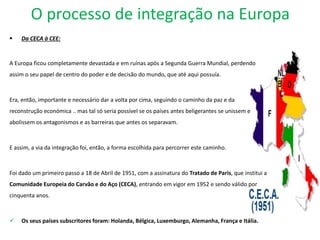 O processo de integração na Europa
 Da CECA à CEE:
A Europa ficou completamente devastada e em ruínas após a Segunda Guerra Mundial, perdendo
assim o seu papel de centro do poder e de decisão do mundo, que até aqui possuía.
Era, então, importante e necessário dar a volta por cima, seguindo o caminho da paz e da
reconstrução económica .. mas tal só seria possível se os países antes beligerantes se unissem e
abolissem os antagonismos e as barreiras que antes os separavam.
E assim, a via da integração foi, então, a forma escolhida para percorrer este caminho.
Foi dado um primeiro passo a 18 de Abril de 1951, com a assinatura do Tratado de Paris, que institui a
Comunidade Europeia do Carvão e do Aço (CECA), entrando em vigor em 1952 e sendo válido por
cinquenta anos.
 Os seus países subscritores foram: Holanda, Bélgica, Luxemburgo, Alemanha, França e Itália.
 