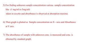 5) For finding unknown sample concentration various sample concentration
like (1 mg/ml to 5mg/ml)
taken in cuvette and absorbance is observed at absorption maxima.
6) Then graph is platted as Sample concentration on X - axis and Absorbance
at Y axis.
7) The absorbance of sample with unknown conc. is measured and conc. is
obtained by standard graph.
 