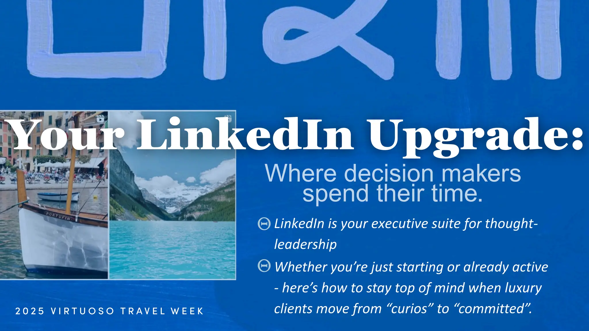 Where decision makers
spend their time.
LinkedIn is your executive suite for thought-
leadership
Whether you’re just starting or already active
- here’s how to stay top of mind when luxury
clients move from “curios” to “committed”.
 