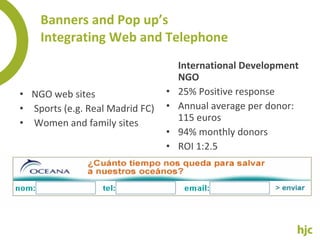 Banners and Pop up’s Integrating Web and Telephone NGO web sites Sports (e.g. Real Madrid FC) Women and family sites International Development NGO 25% Positive response Annual average per donor: 115 euros 94% monthly donors  ROI 1:2.5 