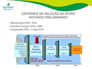 CRITÉRIOS DE SELEÇÃO DE SÍTIOS
             ESTUDOS PRELIMINARES
Metodologia EPRI - EUA
Convênio Coppe/ UFRJ: 2008
Coopera...