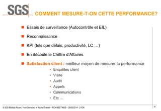 30
© SGS Multilab Rouen, Yvon Gervaise et Rachel Trebert – PCH MEETINGS – 26/03/2014 - LYON
 Essais de surveillance (Autocontrôle et EIL)
 Reconnaissance
 KPI (tels que délais, productivité, LC …)
 En découle le Chiffre d’Affaires
 Satisfaction client : meilleur moyen de mesurer la performance
• Enquêtes client
• Visite
• Audit
• Appels
• Communications
• Etc …
COMMENT MESURE-T-ON CETTE PERFORMANCE?
 