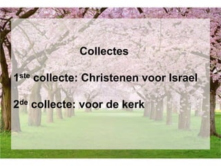 Collectes
1ste collecte: Christenen voor Israel
2de collecte: voor de kerk
 