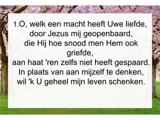 1.O, welk een macht heeft Uwe liefde,
door Jezus mij geopenbaard,
die Hij hoe snood men Hem ook
griefde,
aan haat 'ren zelfs niet heeft gespaard.
In plaats van aan mijzelf te denken,
wil 'k U geheel mijn leven schenken.
 