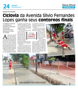 24                sábado
                                            26 de maio de 2012
                                                                                                                                         Diário Oficial
                                                                                                                                          GUARUJÁ
                      vicente de carvalho


                      Ciclovia da Avenida Sílvio Fernandes
                      Lopes ganha seus contornos finais
                          O objetivo é eliminar            de veículos e de ciclistas, aces- as ciclofaixas e dotarem as
                                                           sibilidade, paisagismo e melho- avenidas de ciclovias, ofere-
                          as ciclofaixas e                 ria da iluminação pública da cendo mais segurança a todos
                          dotarem as avenidas              via, mantendo sua arborização os ciclistas.
                          de ciclovias,                    tradicional, que dá um charme          Dentre as vias que recebe-
                                                           especial à Avenida.                rão ciclovia estão as avenidas
                          oferecendo mais                      Ao todo, serão 636,5 metros Adhemar de Barros e Antenor
                          segurança a todos                de via em obra e a                               Pimentel, além
                          os ciclistas                     ciclovia terá 2,40                               das avenidas Pre-
                                                           metros de largura.           Ao todo,            sidente Vargas e



                      A
                                  ciclovia da Avenida      Um trabalho seme-          serão 636,5           Áurea Conzalez
                                  Sílvio Fernandes Lo-     lhante está sendo                                Conde, que terão
                                  pes, que será interli-   realizado pela Pre-
                                                                                      metros de             as suas ciclovias
                                  gada com as ciclovias    feitura na Avenida        intervenções           revitalizadas.
                      da Avenida Santos Dumont (em         São João, que já teve                                Para a prefeita,
                      construção) e da Avenida Oswal-      pista dos ciclistas                              o convívio entre ci-
                      do Cruz (que será iniciada em        concretada e em breve terá inicia- clistas e trânsito de veículos de
                      breve), em Vicente de Carvalho,      da as intervenções de paisagismo passeio, ônibus e caminhões é
                      já começou a ganhar sua forma        e sinalização.                     uma preocupação da Adminis-
                      final. Isso porque a empresa res-        Vale ressaltar, porém, que tração Municipal. “No local que
                      ponsável pela obra iniciou o pro-    a Prefeitura, por meio da Se- hoje está a ciclofaixa, vamos im-
                      cesso de concretagem da pista de     cretaria de Desenvolvimento e plantar a ciclovia com objetivo de
                      rolagem dos ciclistas, delineando    Gestão Urbana, está realizando garantir a segurança. Toda obra
                      o traçado da futura ciclovia.        uma série de intervenções nos gera um certo transtorno, mas,
                          Esta intervenção garantirá,      principais corredores viários da com certeza, os benefícios serão
                      além da segregação do trânsito       Cidade. O objetivo é eliminar imensos”, explica.
Fotos Dayanna de Castro




                                                               A empresa responsável pela obra iniciou o processo de concretagem da
                                                               pista de rolagem dos ciclistas, delineando o traçado da futura ciclovia
 