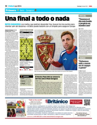 32 Domingo 26 mayo 2013 MFútbol Liga BBVA
Una final a todo o nada
BETIS-ZARAGOZA Los maños, que podrían descender hoy, buscan los tres puntos para
intentar salir del descenso • Al Betis puede bastarle con un empate para asegurar Europa
Alejandro Rodríguez • Sevilla
Christian Ortiz • Zaragoza
Betis y Real Zaragoza juegan
hoy una gran final por objeti-
vos muy distintos. Los béti-
cos quieren una victoria que
les meta en Europa y los za-
ragocistas,lostrespuntospa-
ra salir del descenso.
El Real Zaragoza llega al
partido sabiendo que es todo
o nada. La cruel derrota ante
el Athletic de Bilbao ha deja-
dotocadosalosjugadores,pe-
ronohaytiempodelamentos
y las cuentas son claras para
esta jornada.
Una victoria podría sacar-
lodeldescenso,hacerquede-
penda de sí mismo en la últi-
ma jornada y acariciar la sal-
vación, dependiendo de los
resultados. Sin embargo, una
derrota, unida a las victorias
delDeportivoyOsasuna,man-
daría a los maños a Segunda
división.Elempatepodríaser
bueno o malo, todo queda en
funcióndeloquehaganelres-
to de rivales directos.
Con este panorama, a los
blanquillos no les queda otra
que salir a ganar desde el mi-
nuto uno, a pesar de que no
logran un triunfo lejos de La
Romaredadesdeelpasado22
de diciembre de 2012. Mano-
loJiméneztendráunabajaim-
portanteparaesteencuentro.
SeráladeAdamPinter,que
en la pasada jornada vio su
quinta cartulina amarilla. Jo-
sé Mari o Movilla son los que
se juegan su puesto, pero el
andaluz será el elegido, por-
que su estilo de juego se ase-
meja más al del jugador hún-
garo. Otra de las novedades
estará en la defensa, ya que
GlennLoovensvolveráalcen-
tro de la zaga tras cumplir un
partidodesanción.Porlotan-
to, Sapunaru regresará al la-
teralderechoyFernándezirá
al banquillo.
Por su parte, el Betis tam-
bién tiene muy claras sus
cuentaspara estanoche.Una
victoria hoy ante el Zaragoza
le otorgaría la séptima plaza
de forma matemática siem-
pre que el Rayo no gane. Es
más, incluso podría valerle el
empatesielconjuntovalleca-
nocaederrotadofrentealGe-
tafe en el Coliseum.
El Betis depende sólo y ex-
clusivamentedesímismo.Es
su segunda bola de partido.
DesperdiciólaprimeraenMa-
llorca, pero ésta no la pueden
dejar pasar. En su casa, en el
Benito Villamarín y ante su
gentealaquelebrillanlosojos
cuando escuchan la palabra
Europa.
“Tenemosel
díamásbonito
ypropicioen
nuestracasa”
PEPE MEL
A.R. • Sevilla
El técnico del Betis volvió a
apelar al orgullo de sus juga-
dores para rematar el objeti-
vodeEuropaestamismatar-
de. “Se me pasará el enfado
cuando demuestren a todo el
mundo que esa no es la ima-
gen del equipo, porque no es-
táenestasituaciónporparti-
dos tan malos. Tienen el día
más propicio y bonito en su
casa”,aseguróelmadrileño,en
referenciaalamalaactuación
ofrecidacontraelMallorca.En
cuanto al incierto futuro de
muchosjugadores,señaló:“La
mejorformadedespedirsees
meterse en Europa, tanto pa-
ralosquesequedencomopa-
ra los que se vayan”.
“Debemos
salir a morir
en el campo
y ganar”
JIMÉNEZ
C. Ortiz • Zaragoza
Manolo Jiménez ha intenta-
do durante esta semana ani-
maraunosjugadoresqueque-
daron muy tocados ante el
Athletic.“Tenemosquelevan-
tarnos y jugar un partido vi-
tal para nosotros. Debemos
saliramorirenelcampoyga-
nar”, indicó.
El sevillano no ha hecho
cuentas y no piensa en un po-
sible descenso: “Estoy con-
vencido de que no vamos a
descender”. Además, Jiménez
alabó al Betis: “Es un buen
equipo y está muy bien es-
tructurado. Tiene un gran en-
trenador y muy buenos fut-
bolistas”.
ZARAGOZA
SI GANA: Se tendrá que
salvar en la última jornada.
SI EMPATA: No desciende
aunque ganen los demás.
SI PIERDE: Desciende si
gana Deportivo y Osasuna.
El técnico Pepe Mel no conoce la
derrota ante el Real Zaragoza
C. Ortiz • Zaragoza
El entrenador del Betis, Pepe Mel, no sabe lo que es perder ante
el Real Zaragoza. El técnico bético se ha medido hasta en cinco
ocasiones contra el equipo maño, tanto en su etapa en el Rayo
Vallecano como ahora en el Betis, y nunca ha caído derrotado
frente a los zaragocistas. El bagaje de Mel es de tres victorias y
dos empates. De seguir hoy esa racha ante el Real Zaragoza,
clasificará a su equipo a la Europa League. En el lado contrario,
Manolo Jiménez, como entrenador, no ha perdido ninguno de
los partidos que ha jugado contra el Betis en el Benito Villama-
rín. Tampoco encajó ningún gol. Repetirlo, clave para los maños.
Rodri (22) posa para MARCA levantando el dedo índice delante del escudo del Real Zaragoza.
TONI GALÁN
Primera Betis - Zaragoza
13 Casto (p.s.), 6 Álex Martínez, 29
Nono, 30 Carlos García, 15 Campbell,
17 Juan Carlos y 22 Pabón.
Entrenador: Pepe Mel
Benito Villamarín · 20.00 Cuatro
BETIS
ZARAGOZA 4-2-3-1
Roberto
1
Adrián
13
Ángel
7
Paulao
12
Amaya
4
Nacho
23
S. Sevilla
14
J. Molina
19
R. Castro
24
RubénPérez
8
Vadillo
9
Beñat
10
Abraham
21
Álvaro
4
Apoño
10
José Mari
15
Rodri
6
Montañés
11
Postiga
9 Víctor
32
Árbitro: Mateu Lahoz (valenciano)
13 Leo Franco, 3 Paredes, 14
Fernández, 24 Rochina, 7 Bienvenu,
2 Movilla y 12 Romaric.
Entrenador: Manolo Jiménez
4-2-3-1
Sapunaru
19
Loovens
16
2 3,50X 3,351 1,95
Betis-Zaragoza
 