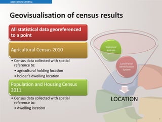 Geovisualisation of census results
All statistical data georeferenced
to a point
Agricultural Census 2010
• Census data collected with spatial
reference to:
• agricultural holding location
• holder’s dwelling location
Population and Housing Census
2011
• Census data collected with spatial
reference to:
• dwelling location
GEOSTATISTICS PORTAL
7
LOCATION
Land Parcel
Identification
System
Statistical
address
points
 