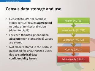 Census data storage and use
GEOSTATISTICS PORTAL
8
Municipality (LAU2)
County (LAU1)
Subregion (NUTS3)
Voivodeship (NUTS2)
Region (NUTS1)
• Geostatistics Portal database
stores census’ results aggregated
to units of territorial division
(down to LAU2)
• For each thematic phenomena
absolute (non-standarized) values
are stored
• Not all data stored in the Portal is
published for unauthorized users
due to statistical data
confidentiality issues
 