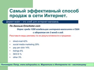 Самый эффективный способ продаж в сети Интернет.  По данным  Emarketer.com Опрос среди 1200 владельцев интернет-магазинов в США  с оборотом от 3 млн$ в год. Расставьте виды рекламы по их результативности в продажах: direct-mail 42%  social media marketing 29% pay per click 14% listings 6% SEO 6 %  other 3% Пономарев Петр , www.eshopsales.ru.  Маркетинг в Интернете по - настоящему Директ-мэйл – это хлеб для интернет-магазина.  
