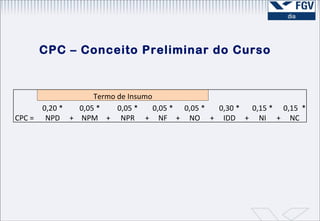 CPC – Conceito Preliminar do Curso   Termo de Insumo   CPC =  0,20 * NPD + 0,05 * NPM + 0,05 * NPR + 0,05 * NF + 0,05 * NO + 0,30 * IDD + 0,15 * NI + 0,15  * NC 