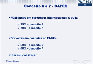Conceito 6 e 7 - CAPES Fonte : Capes •  Publicação em periódicos internacionais A ou B : √  25% - conceito 6 √  40% - conceito 7 •  Docentes em pesquisa no CNPQ : √  20% - conceito 6 √   40% - conceito 7 Internacionalização 