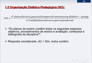 1.5 Organização Didático-Pedagógica (NO): “ Os planos de ensino contêm todos os seguintes aspectos: objetivos; procedimentos de ensino e avaliação; conteúdos e bibliografia da disciplina?”. Resposta considerada:  (A) = Sim, todos contêm. 