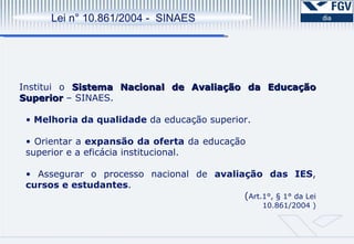 Os resultados da auto-avaliação serão submetidos ao olhar externo de especialista.  CPA 1ª. Etapa Preparação 2ª. Etapa Desenvolvimento 3ª. Etapa Consolidação 1ª. Etapa Constituição de CPA Sensibilização Elaboração do Projeto de Avaliação  2ª. Etapa Ações Levantamento de dados e informações Análise das Informações. Relatórios Parciais   3ª. Etapa Relatório Divulgação Balanço Crítico   Lei n° 10.861/2004 -  SINAES Institui o  Sistema Nacional de Avaliação da Educação Superior  – SINAES. Melhoria da qualidade  da educação superior. Orientar a  expansão da oferta  da educação  superior e a eficácia institucional. Assegurar o processo nacional de  avaliação das IES ,  cursos e estudantes . ( Art.1°, § 1° da Lei 10.861/2004 ) 