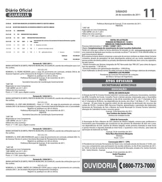 Diário Oficial
 GUARUJÁ
                                                                                                                                                     sÁbAdo
                                                                                                                                                     26 de novembro de 2011
                                                                                                                                                                                         11
                                                                                                                           Prefeitura Municipal de Guarujá, 25 de novembro de 2011.
                                                                                                                                                   PREFEITA
                                                                                                       “UAE”/dll
                                                                                                       Registrada no Livro Competente,
                                                                                                       “UAE GBPRE”, em 25.11.2011
                                                                                                       Débora de Lima Lourenço -
                                                                                                       Pront. n.º 11.901, que a digitei e assino

                                                                                                                                             EdITAL dE LICITAÇÃo
                                                                                                                                       ToMAdA dE PREÇos Nº. 15/2011
                                                                                                                                       ERRATA dA PUbLICAÇÃo dIGITAL
                                                                                                       Processo Administrativo n°: 27383 / 125987 / 2011.
                                                                                                       Objeto: Complementação do revestimento do túnel Juscelino Kubitschek.
                                                                                                       Tendo em vista que o edital na forma eletrônica foi lançado no site www.guaruja.sp.gov.br com
                                                                                                       erro material de digitação que resultou na omissão na alínea “f” do item 6.1.4 do referido edital, no
                                                                                                       qual transcrevemos abaixo:
                                                                                                       f) A empresa licitante deverá comprovar a execução de serviços similares ao objeto deste Certame
                                                                                                       Licitatório, através de atestado(s) de bom desempenho anterior em seu nome, expedido(s) por
                                                                                                       pessoa jurídica de direito público ou privado, devidamente identificada, bem como seu signatário,
                                                                                                       de pelo menos:
                                       Portaria N.º 2301/2011.-                                        - Painéis formados por lâminas integradas de PVC Nervurado tipo “RIB LOC” para coleta de água e
MARIA ANTONIETA DE BRITO, PREFEITA MUNICIPAL DE GUARUJÁ, usando das atribuições que a Lei              face lisa aparente - 1.787,00 m2;
lhe confere,                                                                                           - Estrutura metálica com galvanização eletrolítica - 5.900,00 kg;
                                             RESOLVE:                                                  Ficam inalterados os demais termos do edital, inclusive as datas de entrega e abertura do envelopes.
NOMEAR o Sr. PEDRO REZENDE, para o cargo de provimento em comissão, símbolo DAS-6, de                                                      ARMANdo LUIZ PALMIERI
Assessor Especial I, junto à Assessoria de Imagem e Comunicação Pública.                                                        Presidente da Comissão Permanente de Licitações
                               Registre-se, publique-se e dê-se ciência.                                                                de Obras e Serviços de Engenharia
                     Prefeitura Municipal de Guarujá, 25 de novembro de 2011.
                                               PREFEITA
                       Secretário Executivo de Coordenação Governamental                                                                Atos oficiAis
“UAE”/dll
Registrada no Livro Competente,                                                                                                   secretarias municipais
“UAE GBPRE”, em 25.11.2011
Débora de Lima Lourenço -                                                                                                                          educação
Pront. n.º 11.901, que a digitei e assino                                                                                                  EdITAL dE CoNVoCAÇÃo
                                                                                                       A Direção da E.M “Dr. Ernesto Ferreira Sobrinho” convoca pais, professores, funcionários, membros
                                       Portaria N.º 2302/2011.-                                        da APM, Conselho de Escola, Conselho Fiscal e demais pessoas interessadas para a Assembléia
MARIA ANTONIETA DE BRITO, PREFEITA MUNICIPAL DE GUARUJÁ, usando das atribuições que a Lei              Geral Extraordinária, que será realizada no dia 28 de novembro de 2011, em 1ª chamada às 9h e
lhe confere,                                                                                           em 2ª chamada às 9h30min, nas dependências da escola, sito à Rua 1ª de Maio, n°. 215 – Paecará
                                             RESOLVE:                                                  – Guarujá – SP, para tratar da seguinte ordem do dia: aprovação da destinação dos recursos das
EXONERAR o Sr. JOSÉ LIMA RODRIGUES – Pront. n.º 17.297, do cargo de provimento em comissão,            verbas do P.D.D.E., Convênio PMG, Recursos Próprios, apresentação e aprovação dos balancetes
símbolo DAS-4, de Assessor Estratégico II, junto à Assessoria Especial de Relações com a Comunidade.   bimestrais da “Associação de Pais e Mestres da Escola Municipal Dr. Ernesto Ferreira Sobrinho”,
                               Registre-se, publique-se e dê-se ciência.                               alteração do Calendário Escolar e assuntos gerais.
                     Prefeitura Municipal de Guarujá, 25 de novembro de 2011.                                                          Guarujá, 18 de Novembro de 2011.
                                               PREFEITA                                                                                 Iara Cardoso dos santos Costa
                       Secretário Executivo de Coordenação Governamental                                                                   Diretora de Unidade Escolar
“UAE”/dll
Registrada no Livro Competente,                                                                                                            Edital de Convocação
“UAE GBPRE”, em 25.11.2011                                                                             A Associação de Pais e Mestres da E.M. Catarina de Oliveira Salgado, convoca pais, professores e
Débora de Lima Lourenço -                                                                              funcionários para Assembléia que acontecerá no dia primeiro de dezembro de dois mil e onze,
Pront. n.º 11.901, que a digitei e assino                                                              nas dependências da E.M. Catarina de Oliveira Salgado, sendo primeira chamada às treze horas
                                                                                                       e quinze minutos e segunda chamada às treze horas e quarenta e cinco minutos, para tratar da
                                       Portaria N.º 2303/2011.-                                        aprovação do balancete do PDDE.
MARIA ANTONIETA DE BRITO, PREFEITA MUNICIPAL DE GUARUJÁ, usando das atribuições que a Lei                                             Guarujá, 24 de novembro de 2011
lhe confere,                                                                                                                         Tânia Mara Nascimento Mesquita
                                             RESOLVE:                                                                                              Diretora
NOMEAR o Sr. JOSÉ LIMA RODRIGUES, para o cargo de provimento em comissão, símbolo DAS-14,                                                       Pront: 12.917
de Assessor Técnico II, junto à Secretaria Municipal de Planejamento Estratégico.
                               Registre-se, publique-se e dê-se ciência.                                                                 Convocação 009/11 - CPPL
                     Prefeitura Municipal de Guarujá, 25 de novembro de 2011.                          O Presidente da Comissão Permanente do Passe Livre, nomeado através do Decreto nº 9.492, con-
                                               PREFEITA                                                voca seus componentes para participarem da reunião ordinária, no dia 29 de novembro de 2011,
 “UAE”/dll                                                                                             às 14h30, na Sala de reuniões da Secretaria Municipal de Educação, situada à Av. Santos Dumont,
Registrada no Livro Competente,                                                                        640 – Santo Antonio - Guarujá.
“UAE GBPRE”, em 25.11.2011                                                                                                            Guarujá, 23 de novembro de 2011.
Débora de Lima Lourenço -                                                                                                                     André Theodoro
Pront. n.º 11.901, que a digitei e assino                                                                                                         Presidente
                                   Portaria N.º 2304/2011.-



                                                                                                        OuvidOria 0800-773-7000
MARIA ANTONIETA DE BRITO, PREFEITA MUNICIPAL DE GUARUJÁ, usando das atribuições que a Lei
lhe confere,
                                          RESOLVE:
NOMEAR o Sr. DANIEL SIMÕES DE CARVALHO COSTA, para o cargo de provimento em comissão,
símbolo DAS-1, de Secretário Municipal de Planejamento Estratégico.
                            Registre-se, publique-se e dê-se ciência.
 