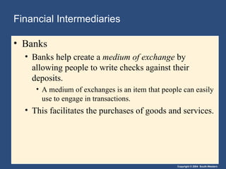Financial Intermediaries  Banks Banks help create a  medium of exchange  by allowing people to write checks against their deposits. A medium of exchanges is an item that people can easily use to engage in transactions. This facilitates the purchases of goods and services. 