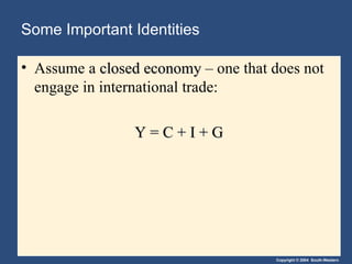 Some Important Identities Assume a  closed economy  – one that does not engage in international trade: Y = C + I + G 