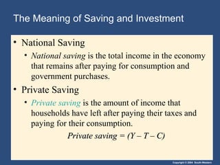 The Meaning of Saving and Investment National Saving National saving  is the total income in the economy that remains after paying for consumption and government purchases. Private Saving Private saving  is the amount of income that households have left after paying their taxes and paying for their consumption. Private saving = (Y – T – C)   