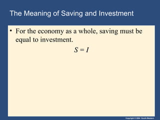The Meaning of Saving and Investment For the economy as a whole, saving must be equal to investment.  S = I 
